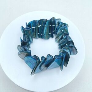 Nautical-Themed Elastic Cord Blue Iridescent Abalone Shell Tile Stretch Bracelet